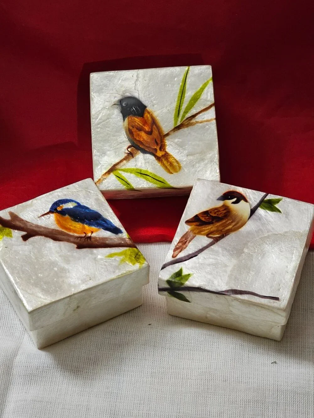 New Set (3) Hand-painted birds capiz shell trinket keepsake box from Philippines